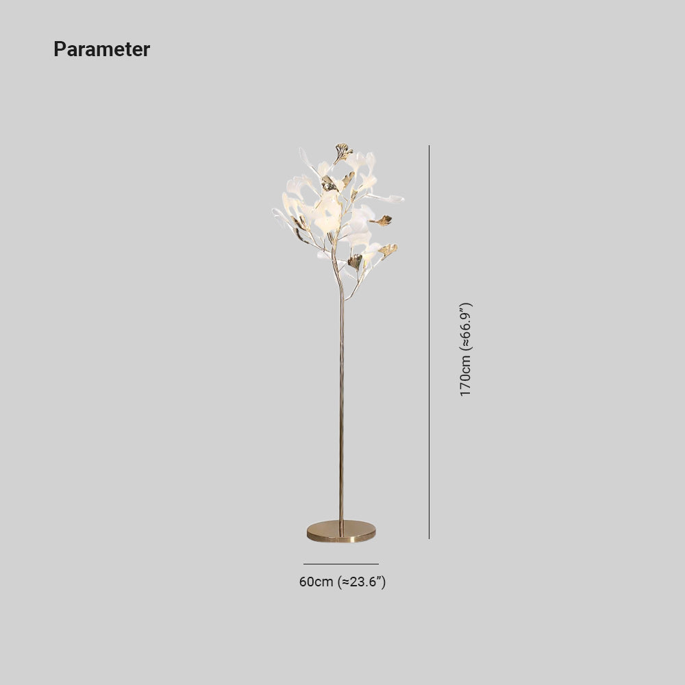 Olivia kunstnerisk gulvlampe med blad, keramik/metal, hvid/guld, arbejdsværelse
