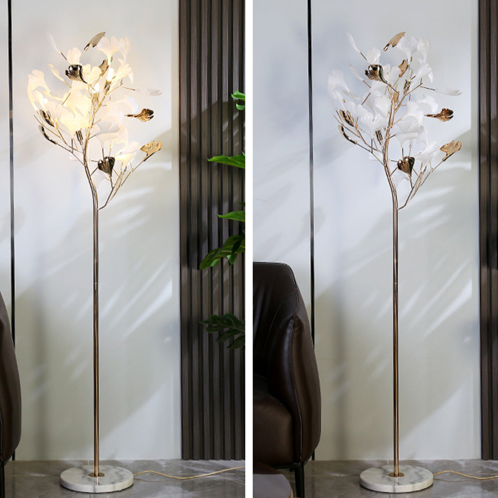 Olivia kunstnerisk gulvlampe med blad, keramik/metal, hvid/guld, arbejdsværelse
