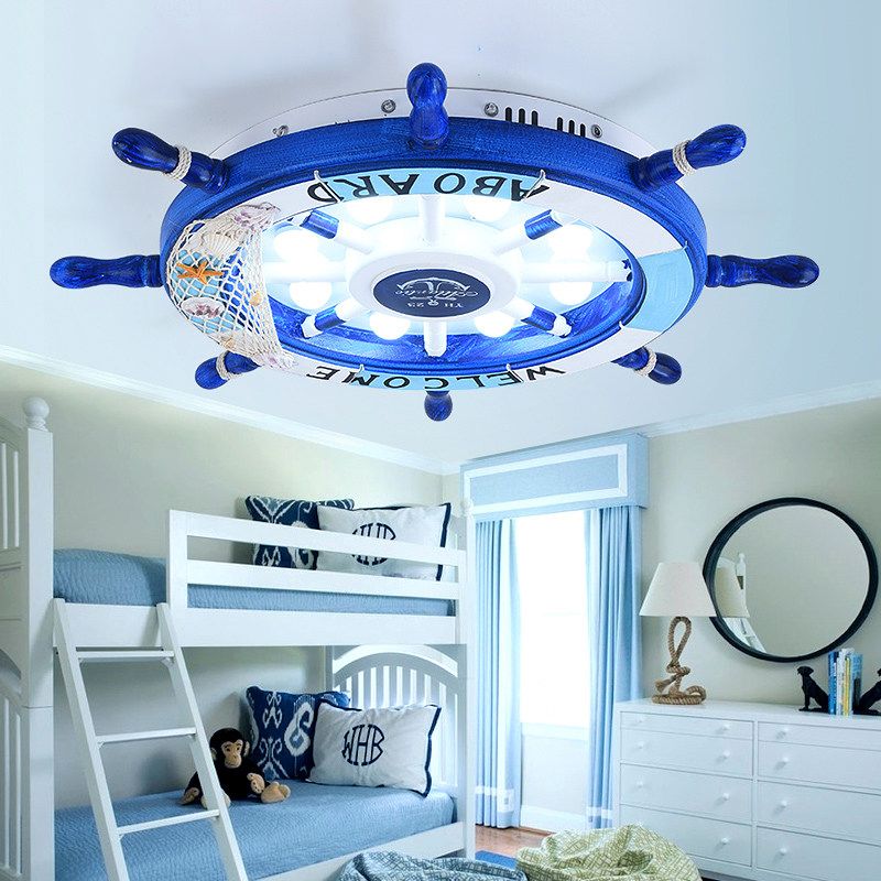 Candeeiro de teto moderno Aria, em metal, em forma de leme, de montagem rente ao teto, branco/azul, para crianças