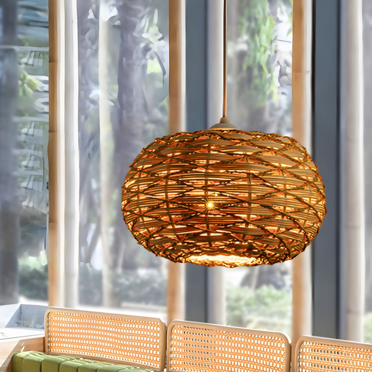 Ritta boho-retro LED-pendellampa i trä och rotting – sovrum/restaurang