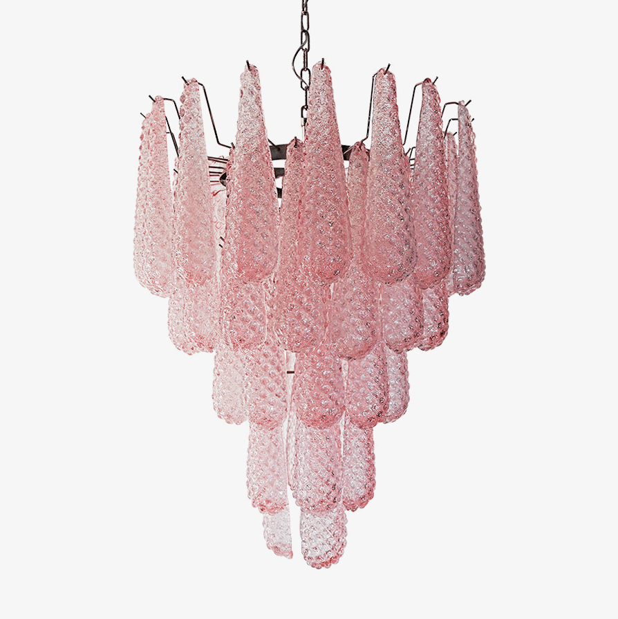 Veliena lysekrone med lyserøde dråber i Murano-glas, diamantmønster og vandfaldsdesign