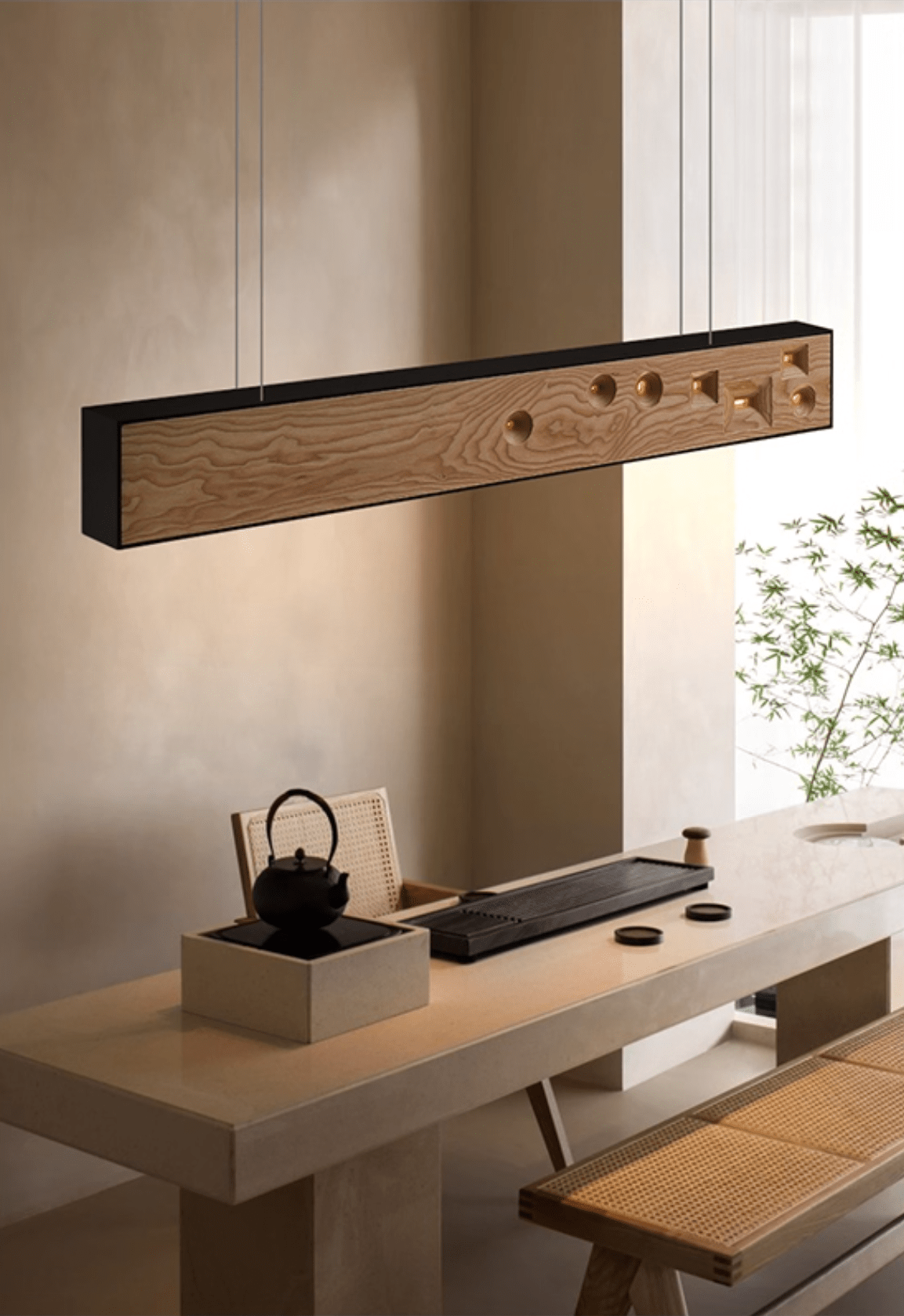 Candeeiro suspenso Elvorora em madeira e pedra preciosa com LED linear