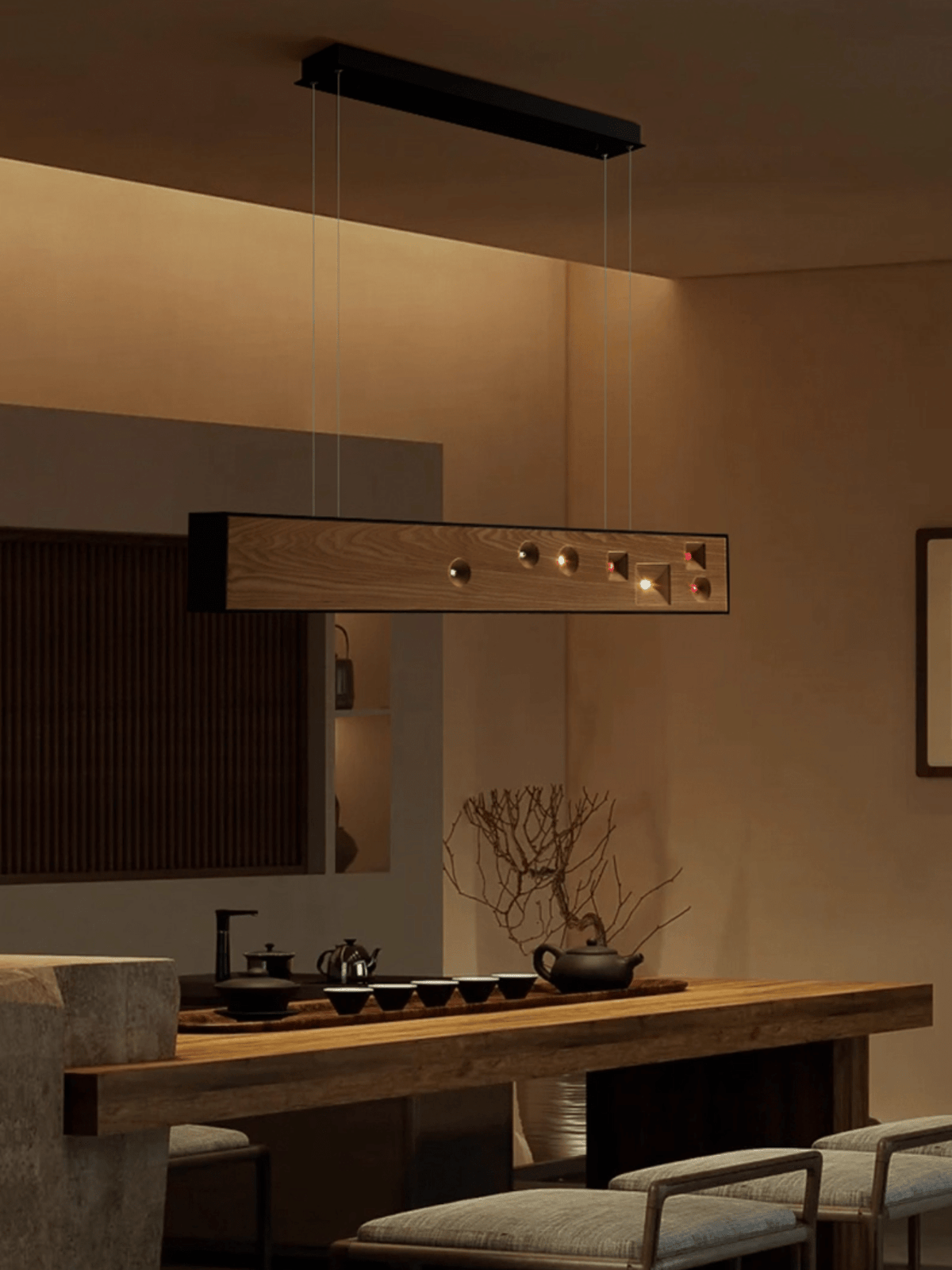 Candeeiro suspenso Elvorora em madeira e pedra preciosa com LED linear