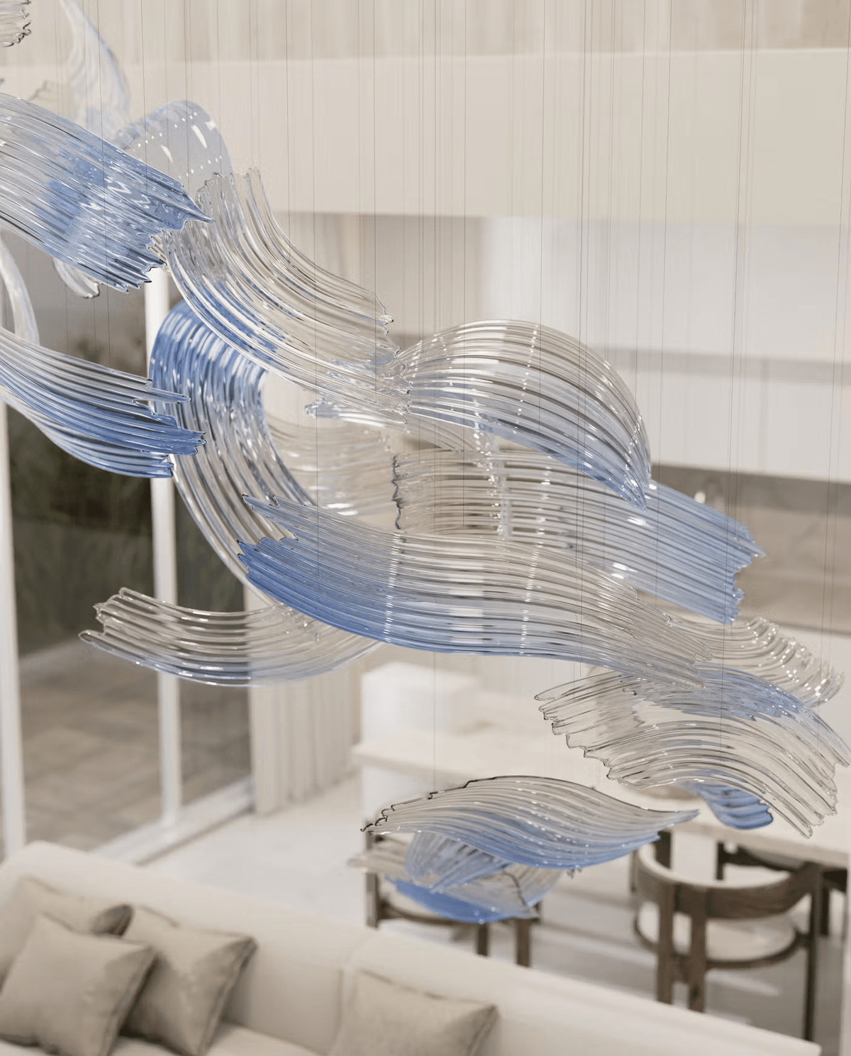 Indigo Brush abstrakt kunstlysekrone i blåt og klart glas