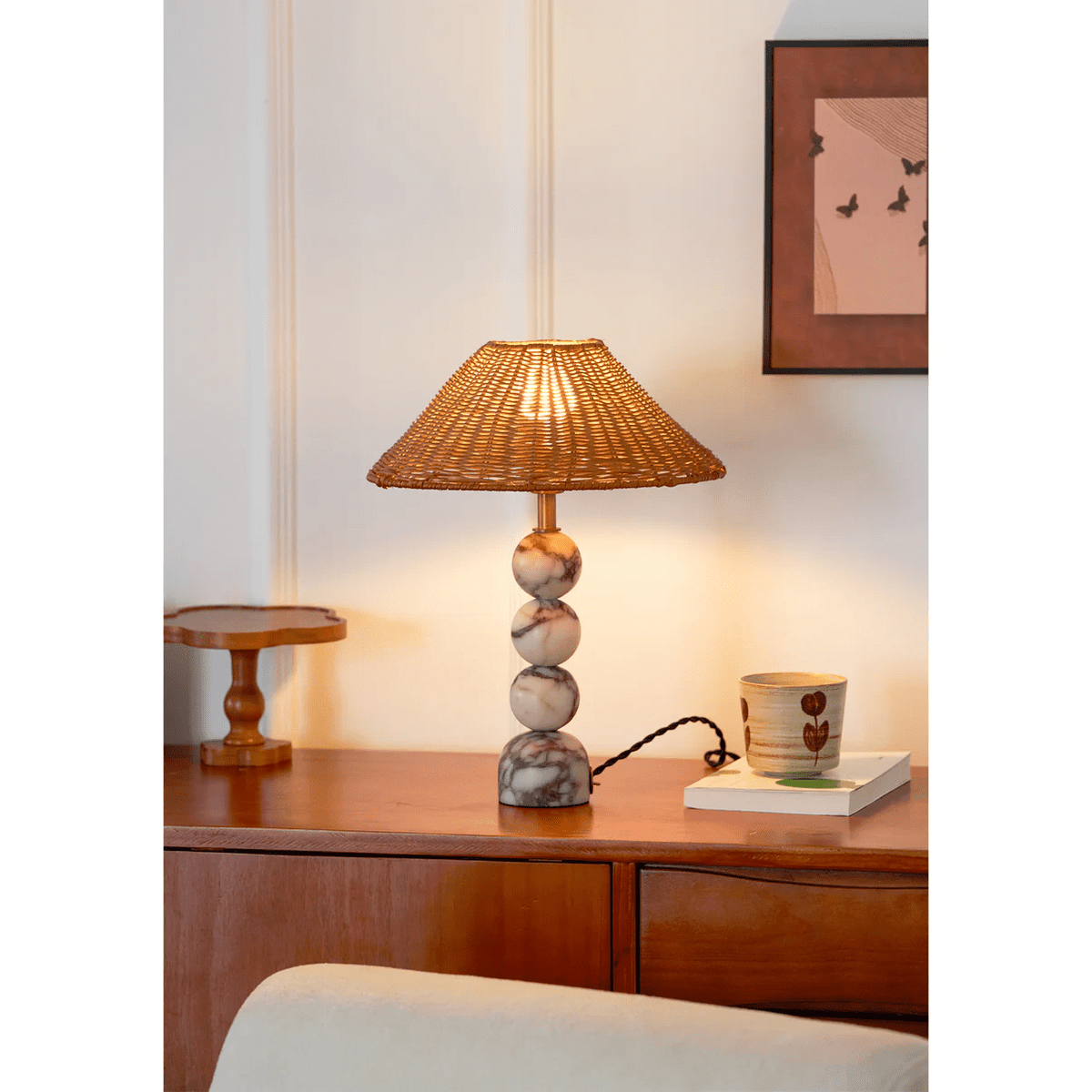 Candeeiro de mesa Canarora em mármore orbicular e rattan