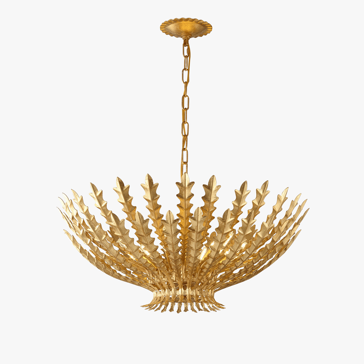 Candeeiro de lustre luxuoso Lumuira com acabamento dourado e folhas de acanto
