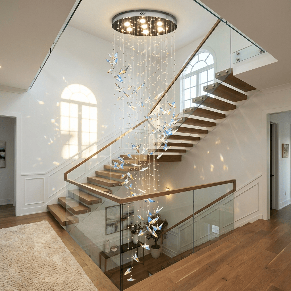 Volans-lysekrone med sommerfugle- og krystalglasdesign