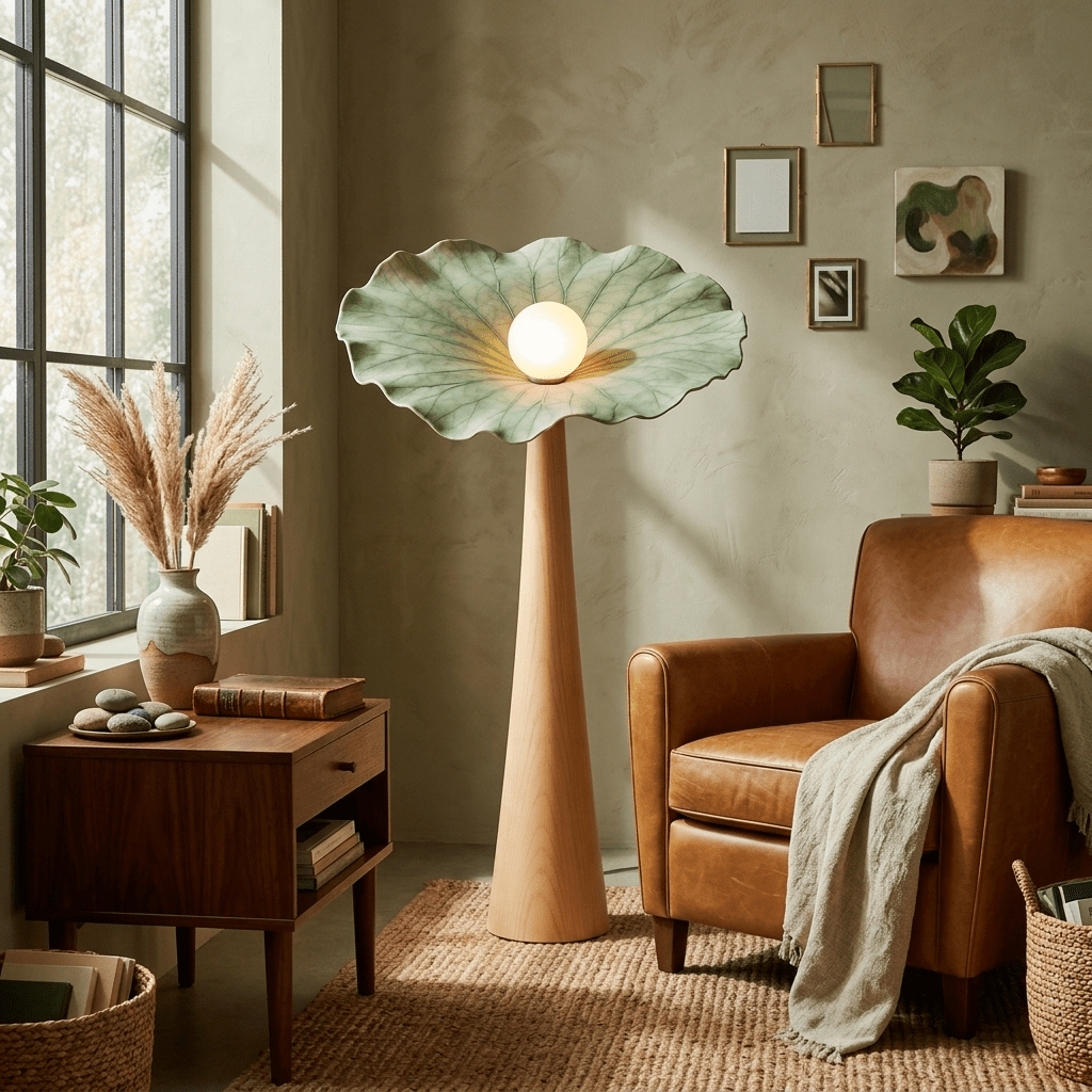 Noroielle gulvlampe med lotusblad og træstruktur