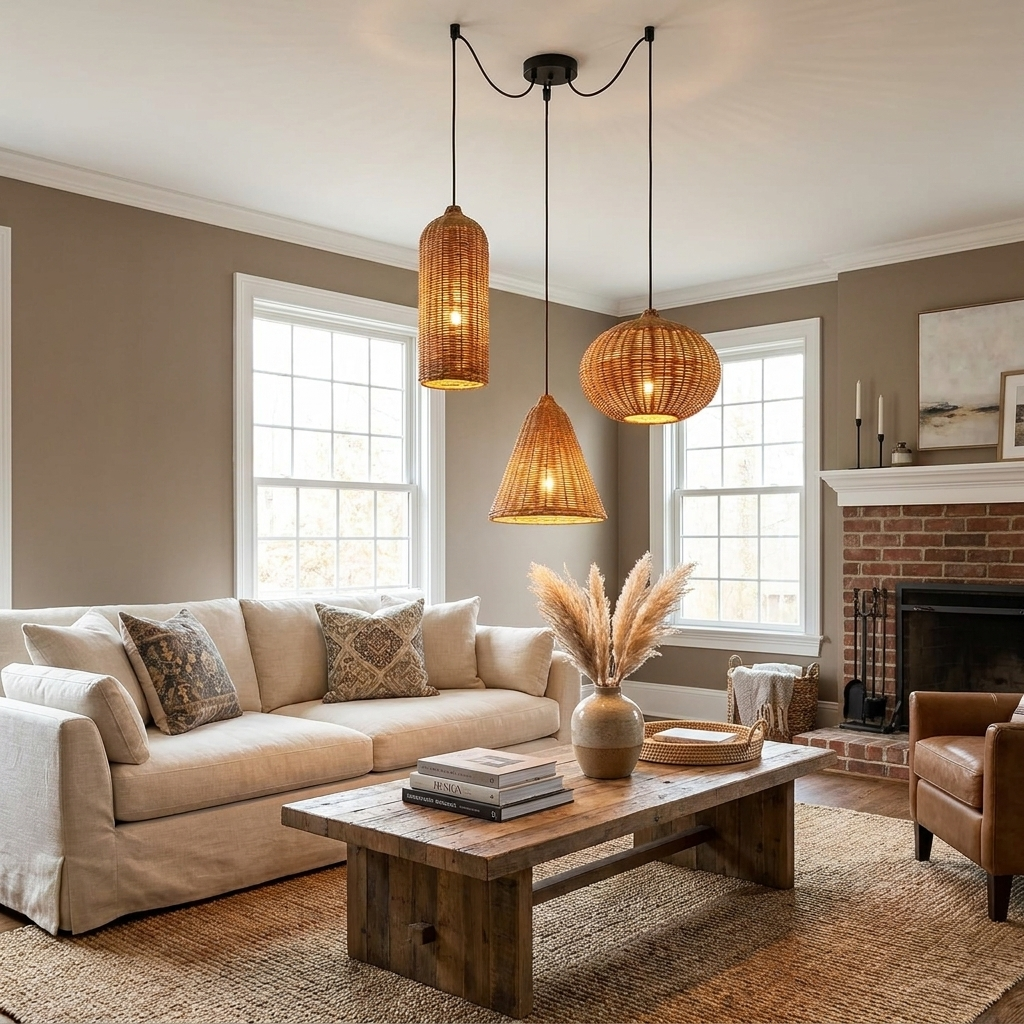 Marleigh pendel-lampe i flettet rattan