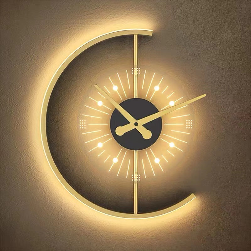 Arisha nútímalegt veggljós úr málmi með klukku og LED-ljósi, svart/gull