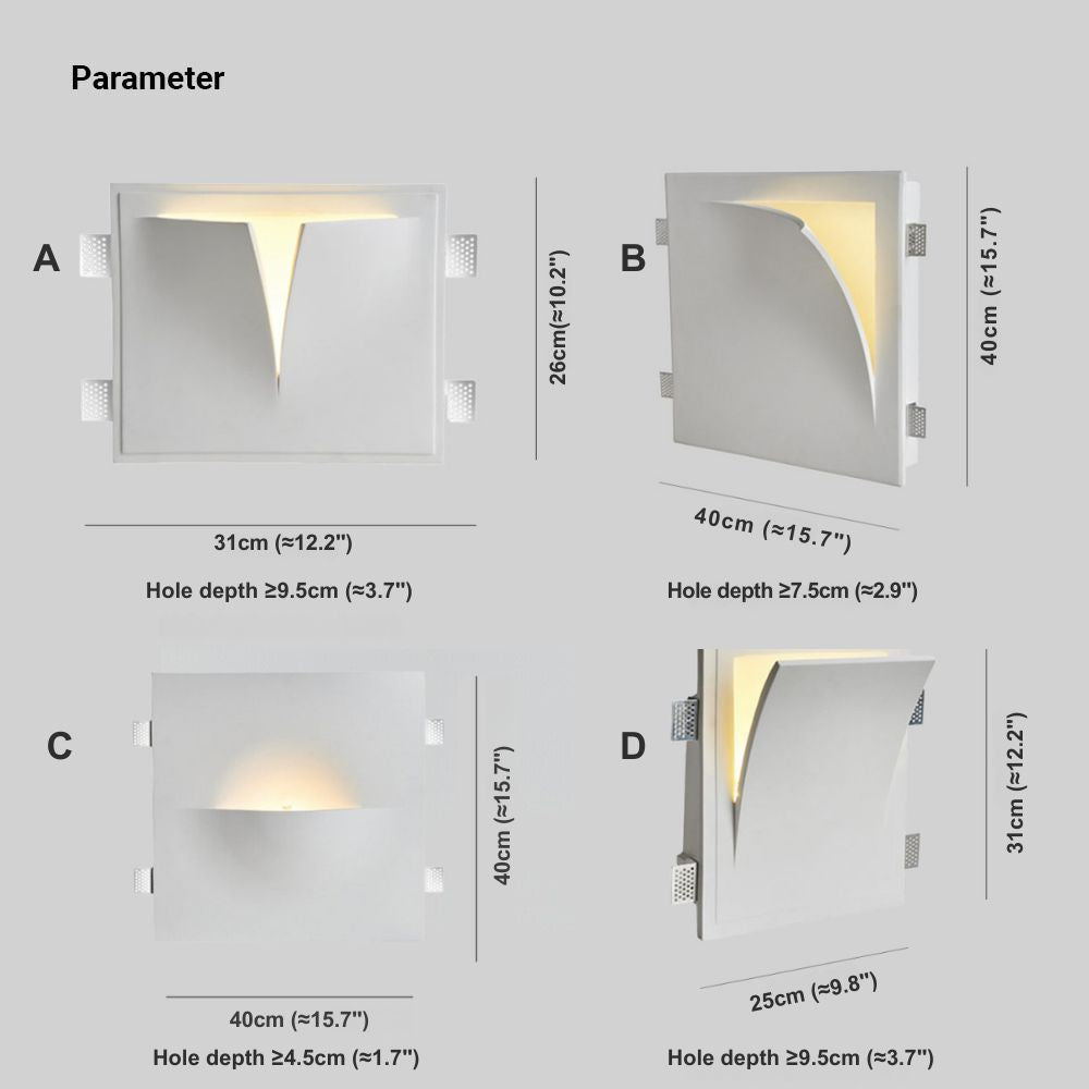 Candeeiro de parede moderno Aria, encastrado, em metal/gesso com LED, branco