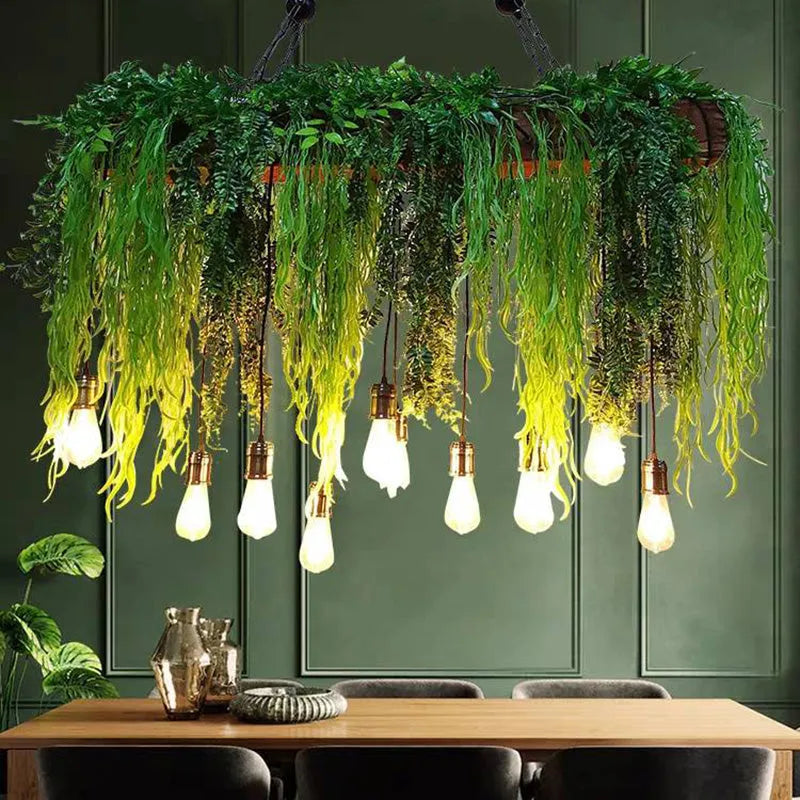 Ritta naturlig dekorativ rektangulær pendellampe i metal med plante, grøn