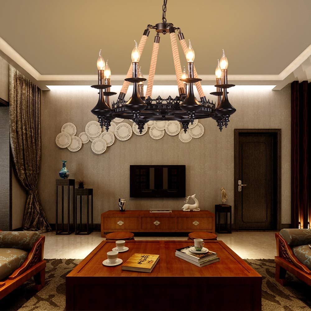 Epoch retrotyylinen kynttiläkattovalaisin mustaa metallia/köyttä ravintolaan/baariin