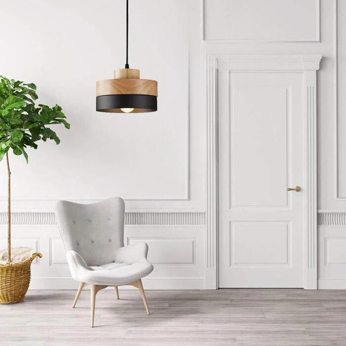 Candeeiro suspenso Aria minimalista geométrico em madeira, preto e branco
