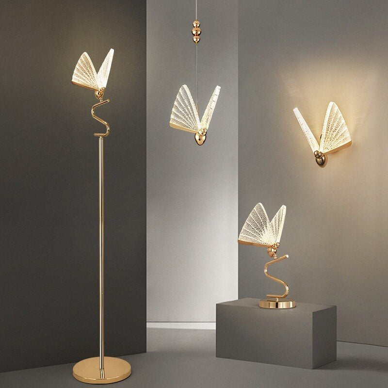 Moderne sommerfuglelysekrone, bord- og gulvlampe, 4 stilarter