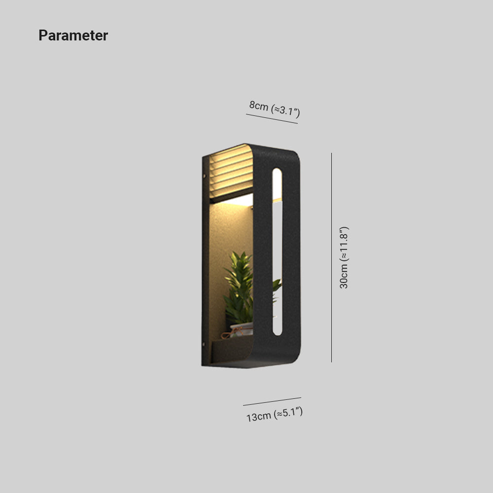 Ray moderne rektangulær udendørs væglampe i metal med solcelle og planteholder, sort