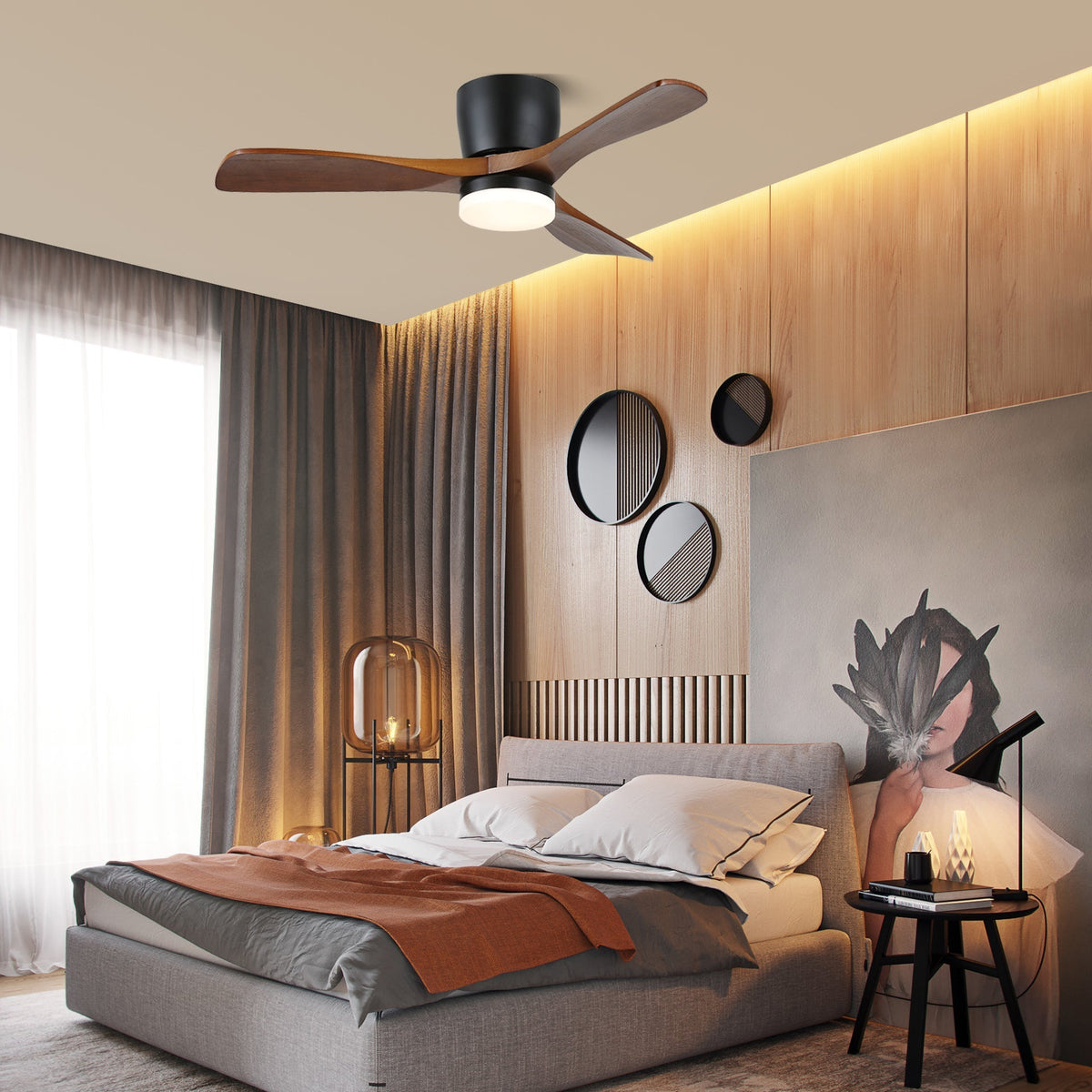 Ventoinha de teto Brinor minimalista com luz e madeira