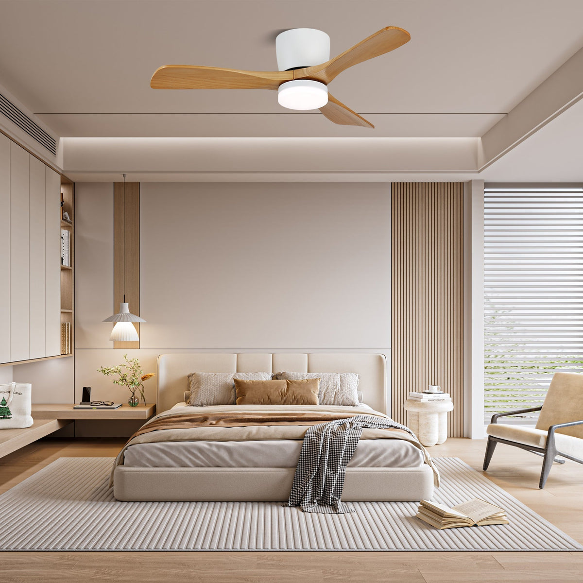 Ventoinha de teto Brinor minimalista com luz e madeira