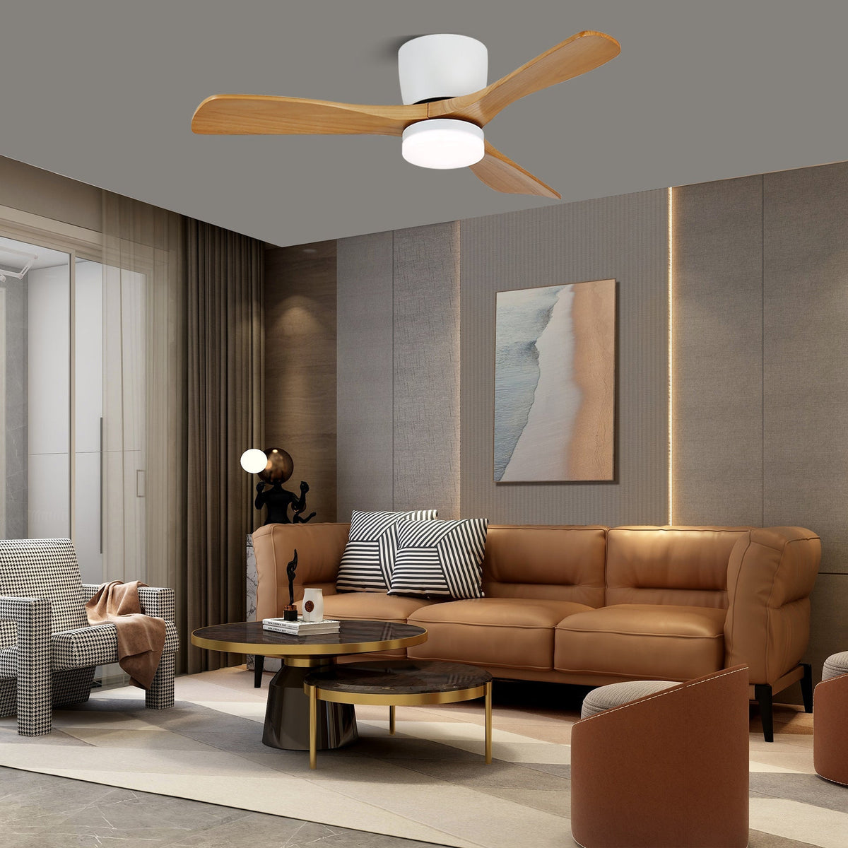 Ventoinha de teto Brinor minimalista com luz e madeira