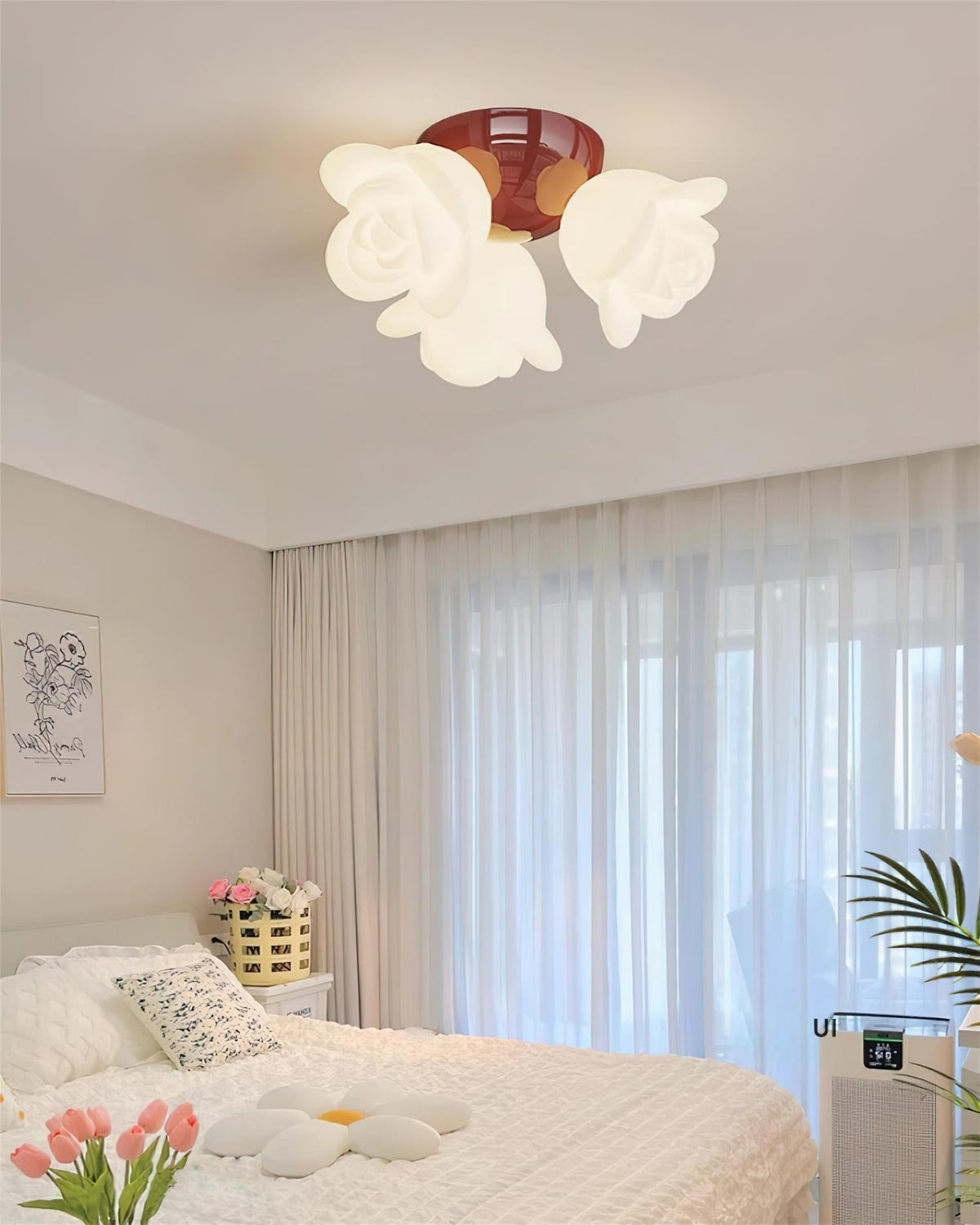 Loftslampe med metalroset og blomsterkunstnerisk accent i PE-rosenform