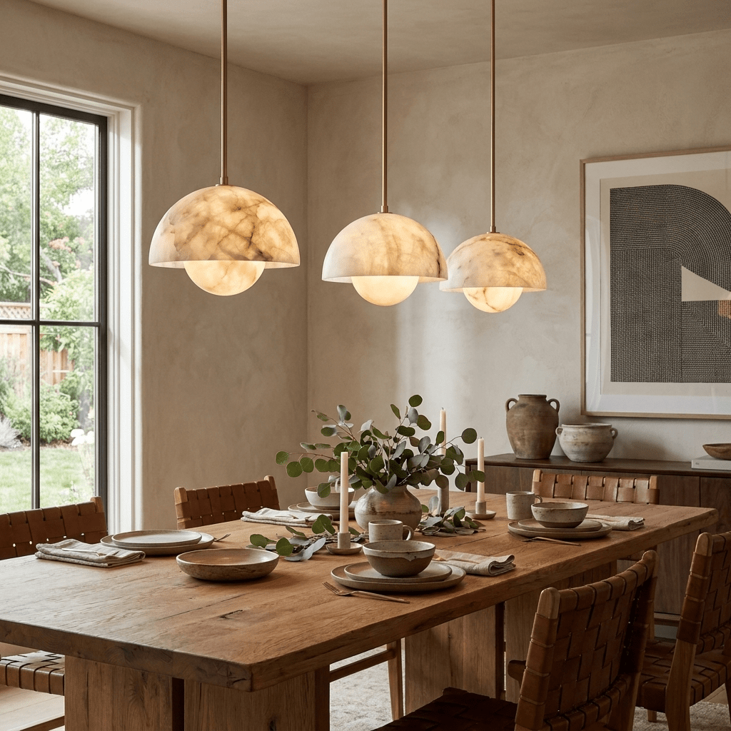 Taklampa med alabasterknopp, kupol och mässing