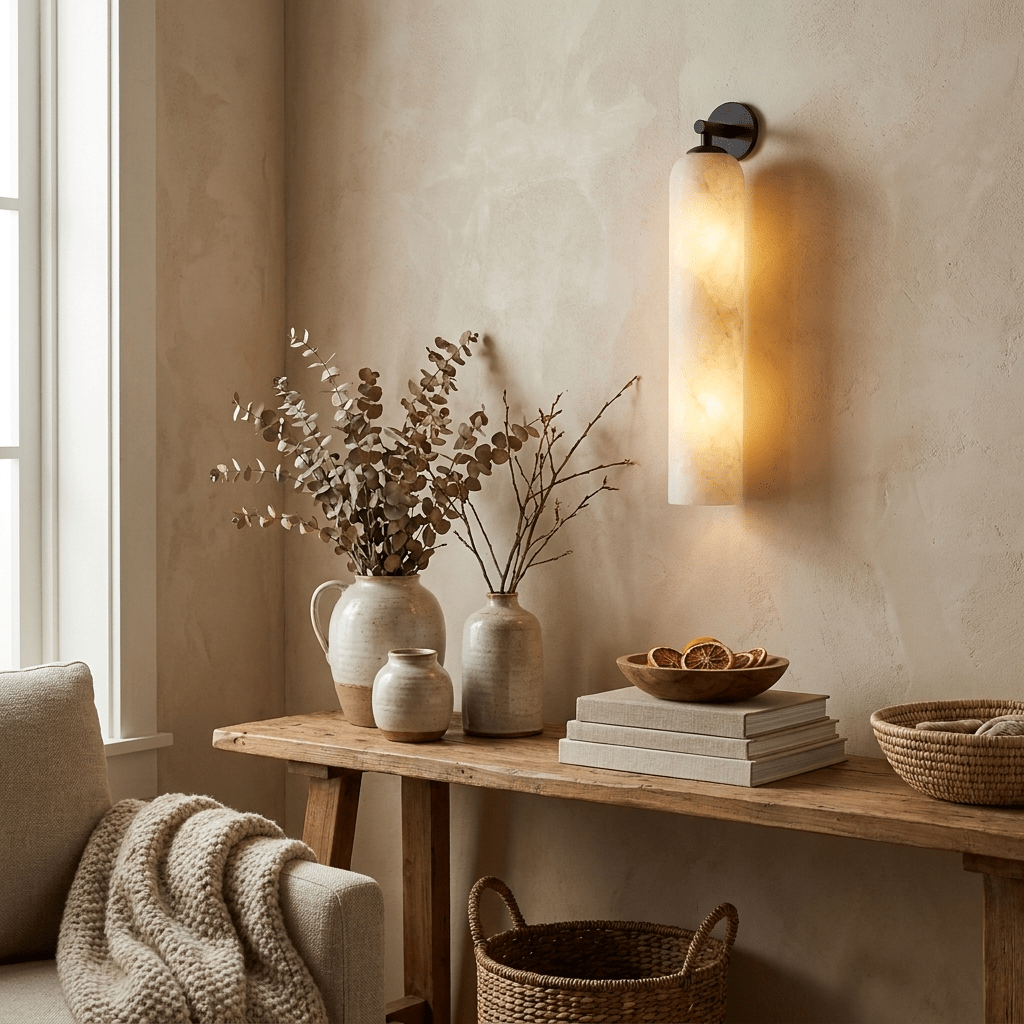 Rörformad vägglampa i alabaster