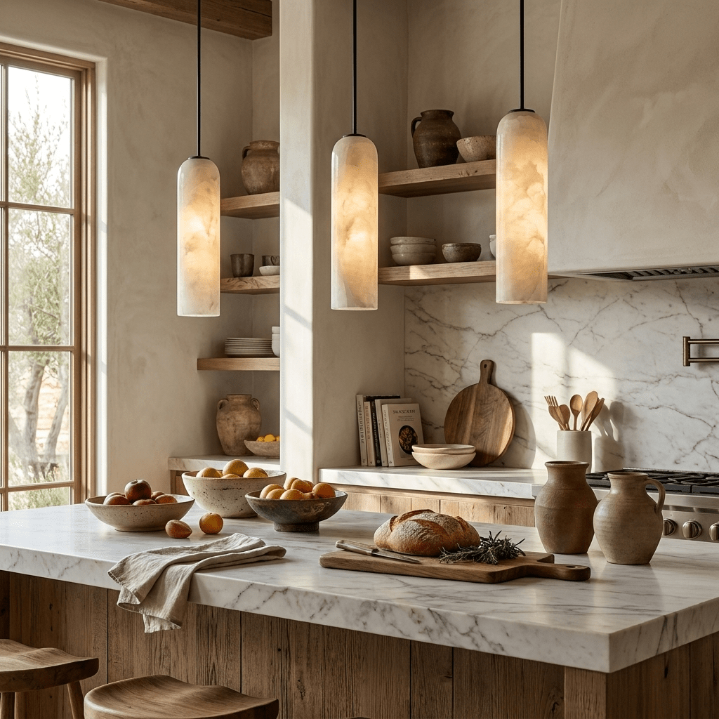 Cylindrisk pendellampe i alabast