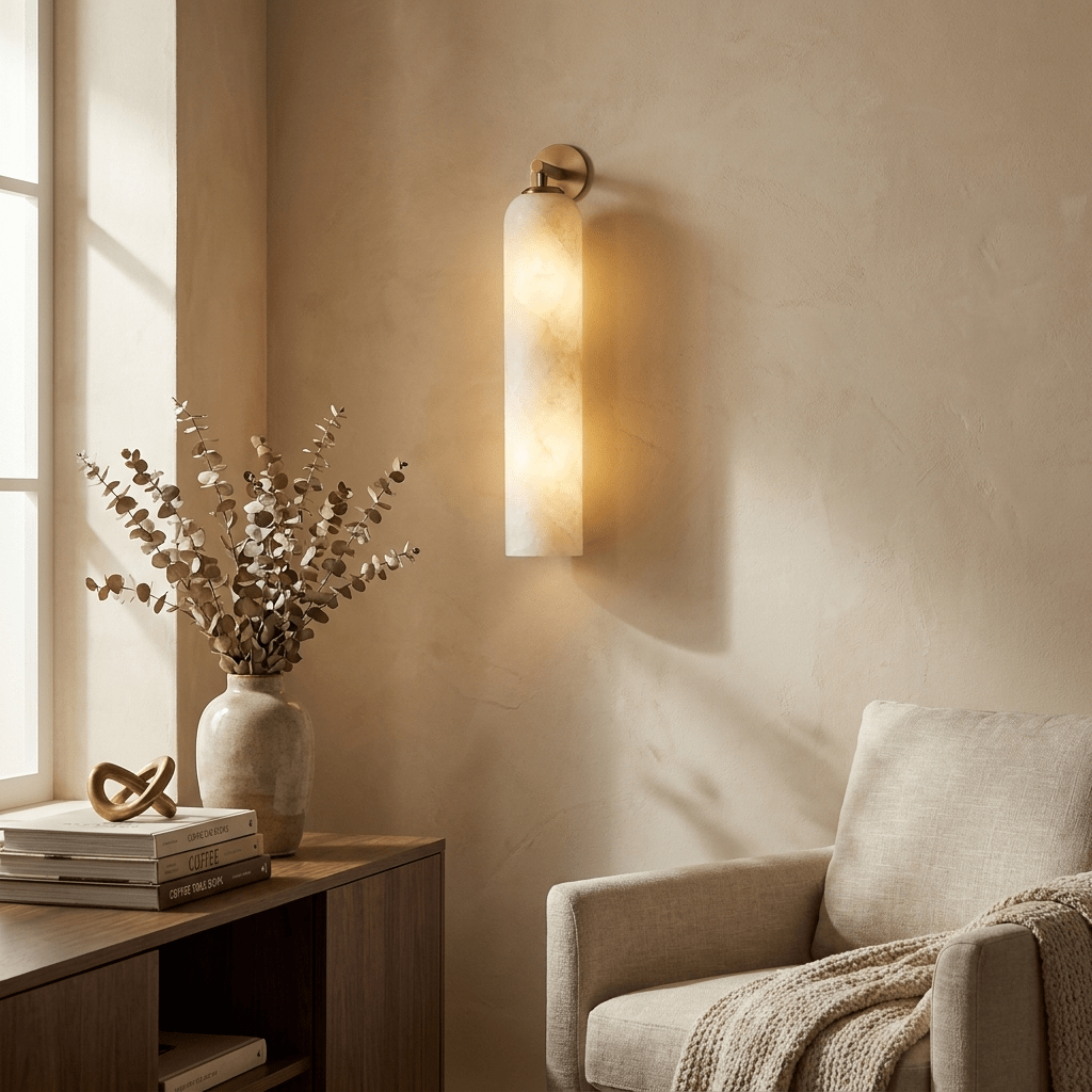 Rörformad vägglampa i alabaster