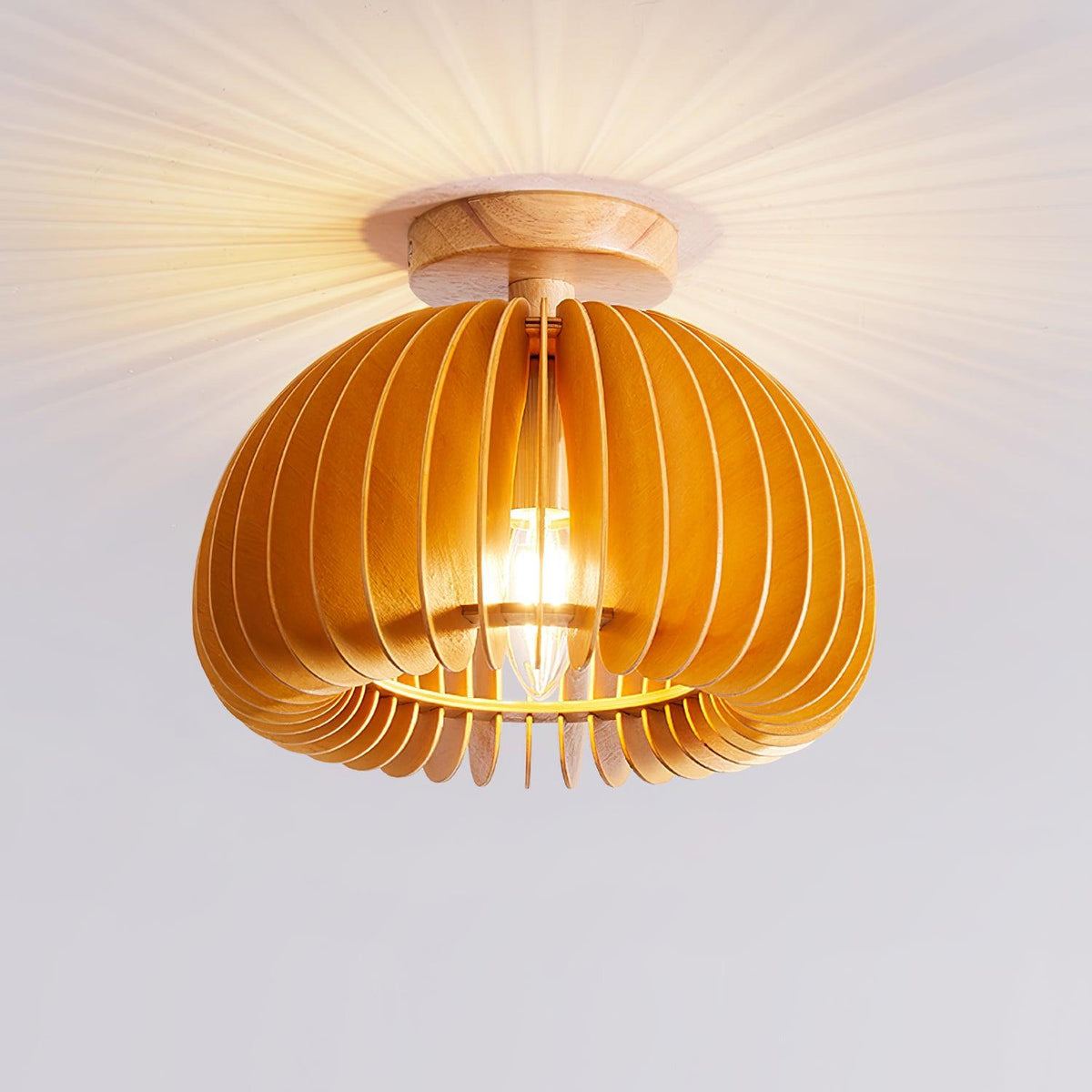 Græskarformet loftslampe med baldakin og skærm i lindetræ, naturlig