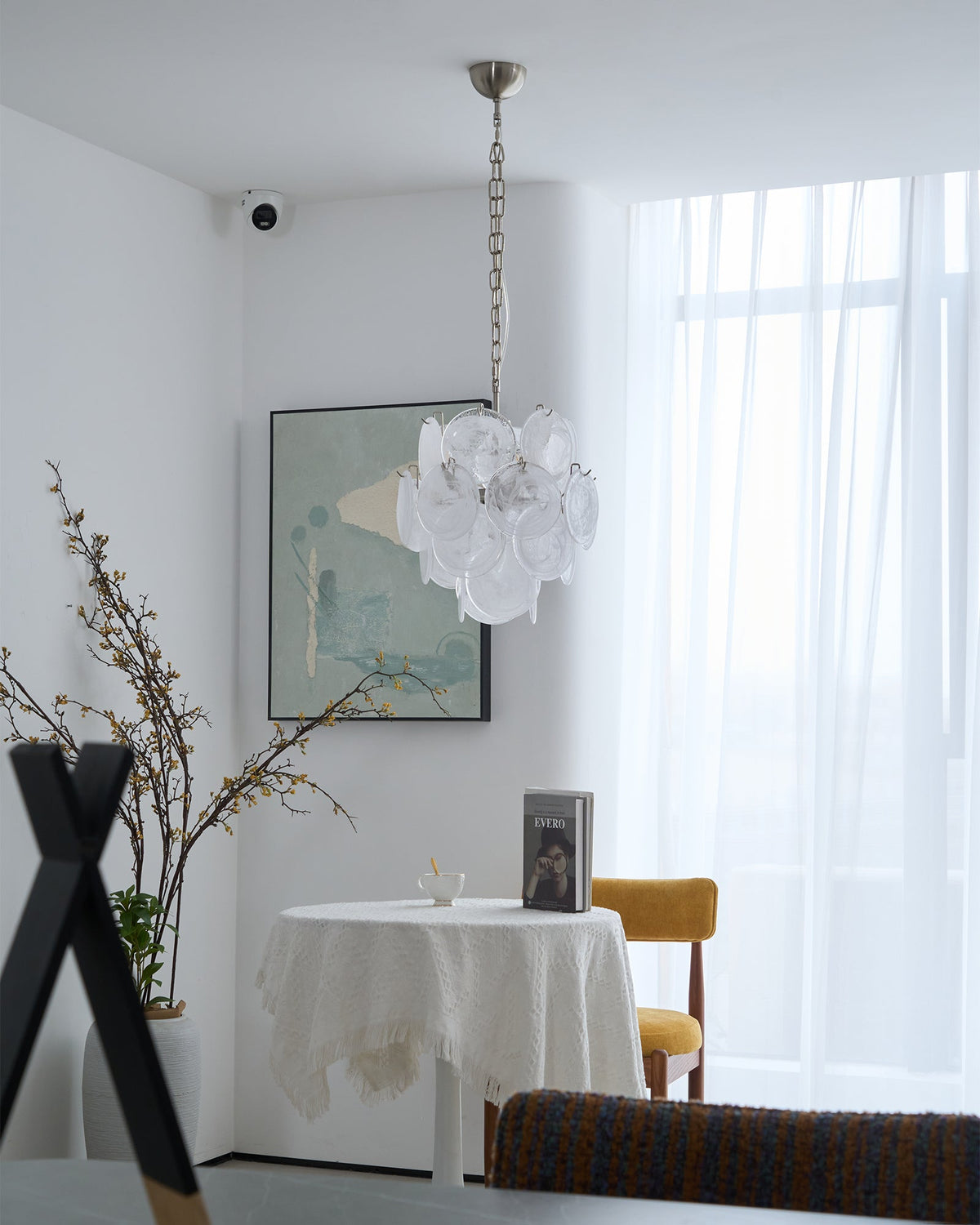 Lioruora ljósakróna, apríkósulitað Murano-gler, diskar, lagskipt, listræn