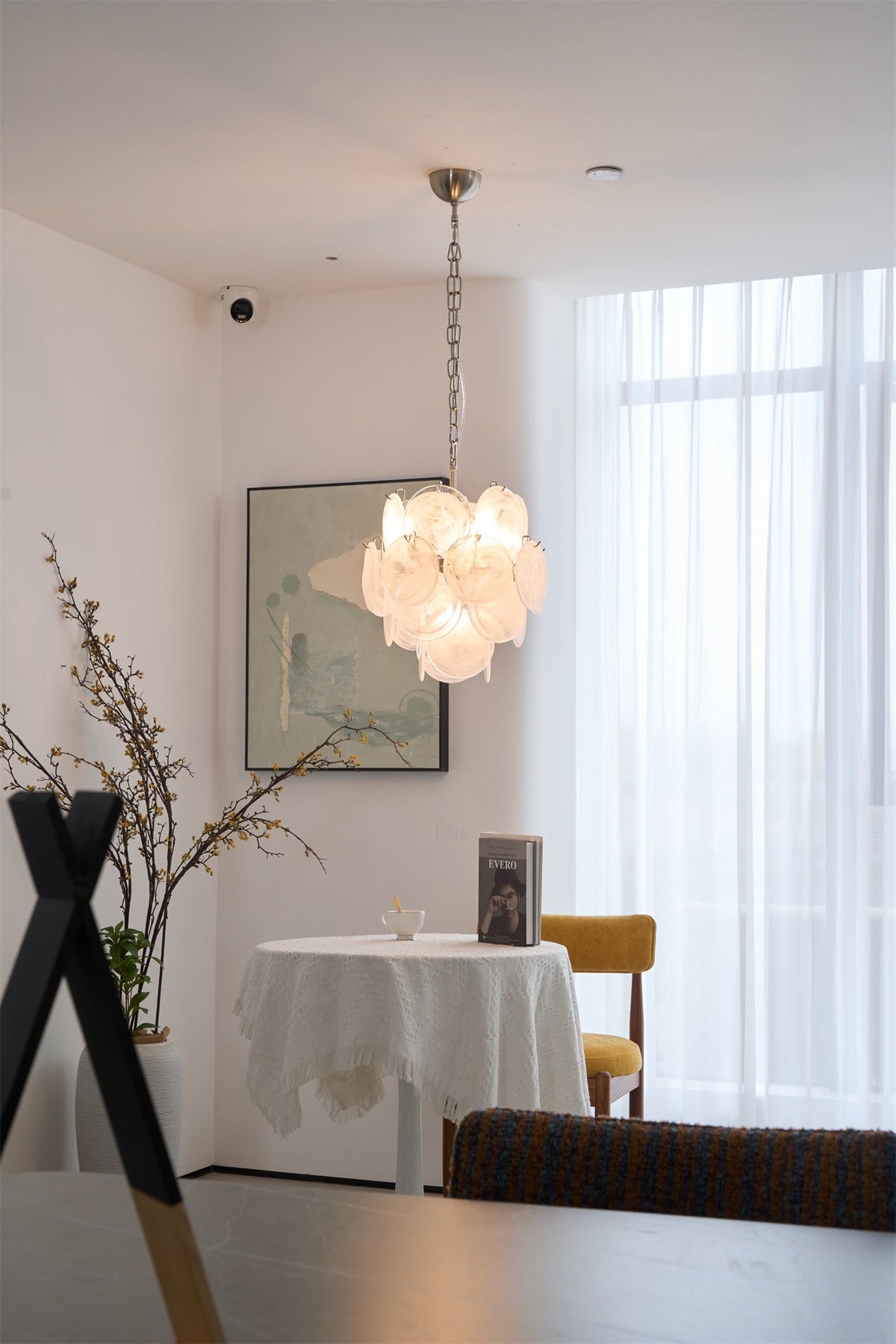 Lioruora ljósakróna, apríkósulitað Murano-gler, diskar, lagskipt, listræn