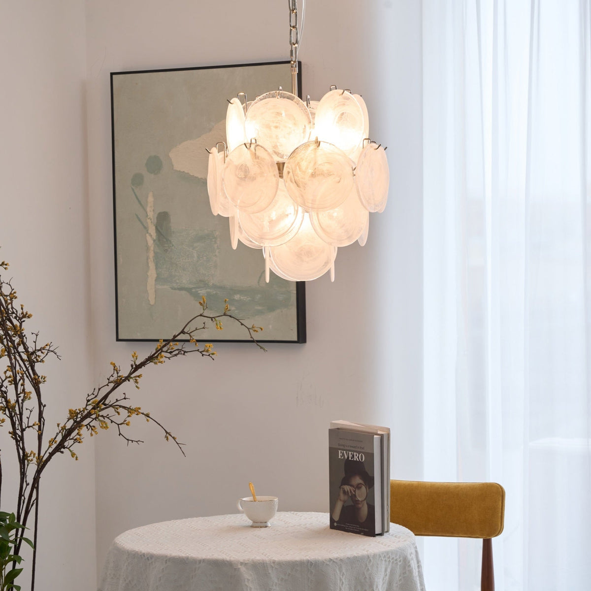 Lioruora ljósakróna, apríkósulitað Murano-gler, diskar, lagskipt, listræn