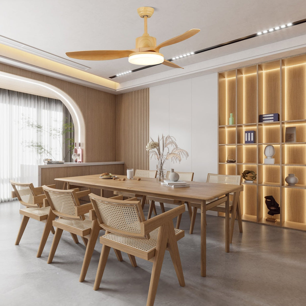 Ventoinha de teto com luz Arysen em madeira minimalista