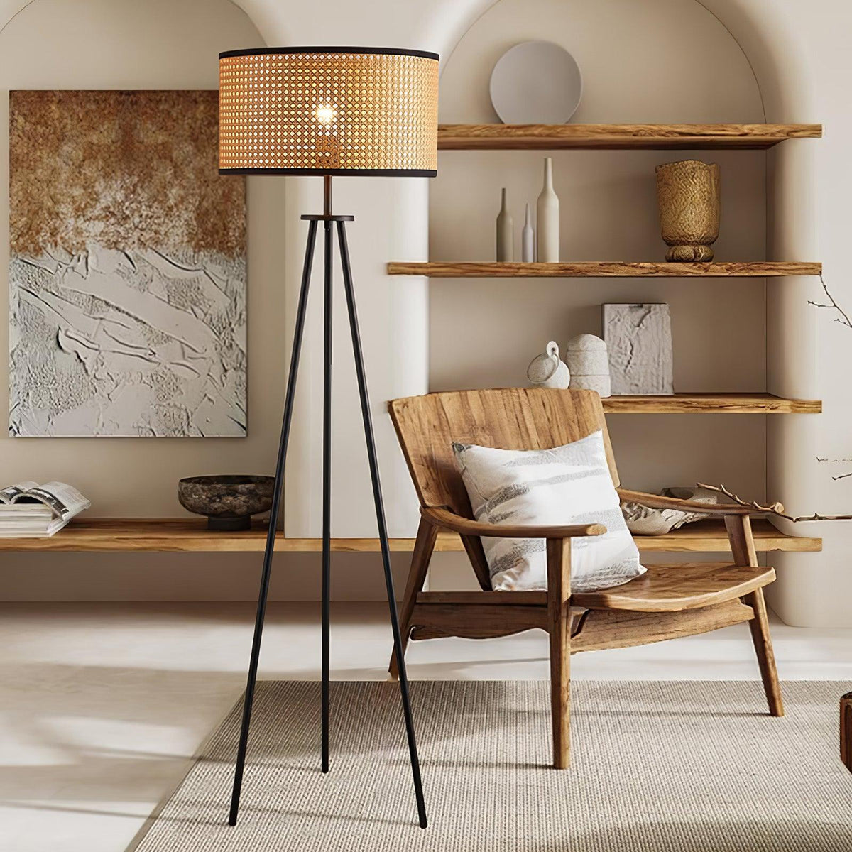 Trio vintage-gulvlampe i bambus
