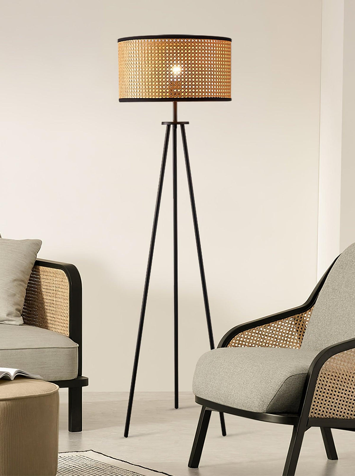 Trio vintage-gulvlampe i bambus
