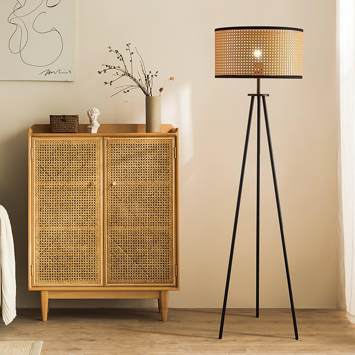 Trio vintage-gulvlampe i bambus