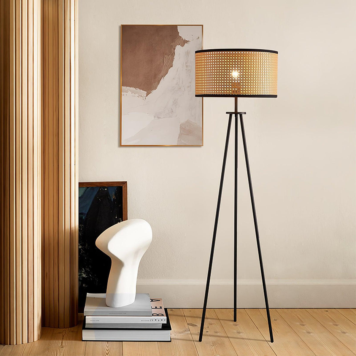 Trio vintage-gulvlampe i bambus