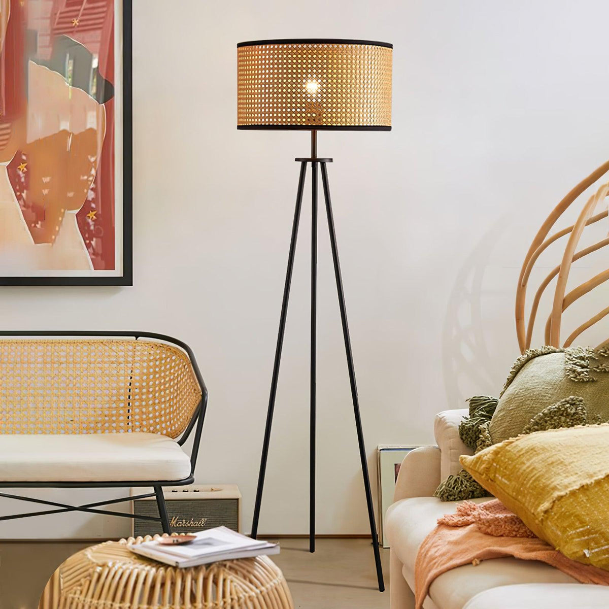 Trio vintage-gulvlampe i bambus