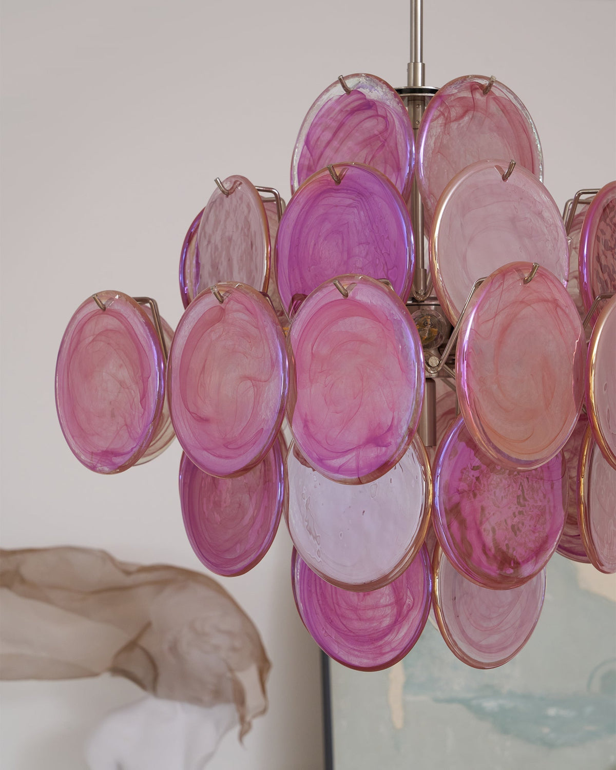 Candeeiro de teto Celeian romântico de discos de vidro rosa, com camadas