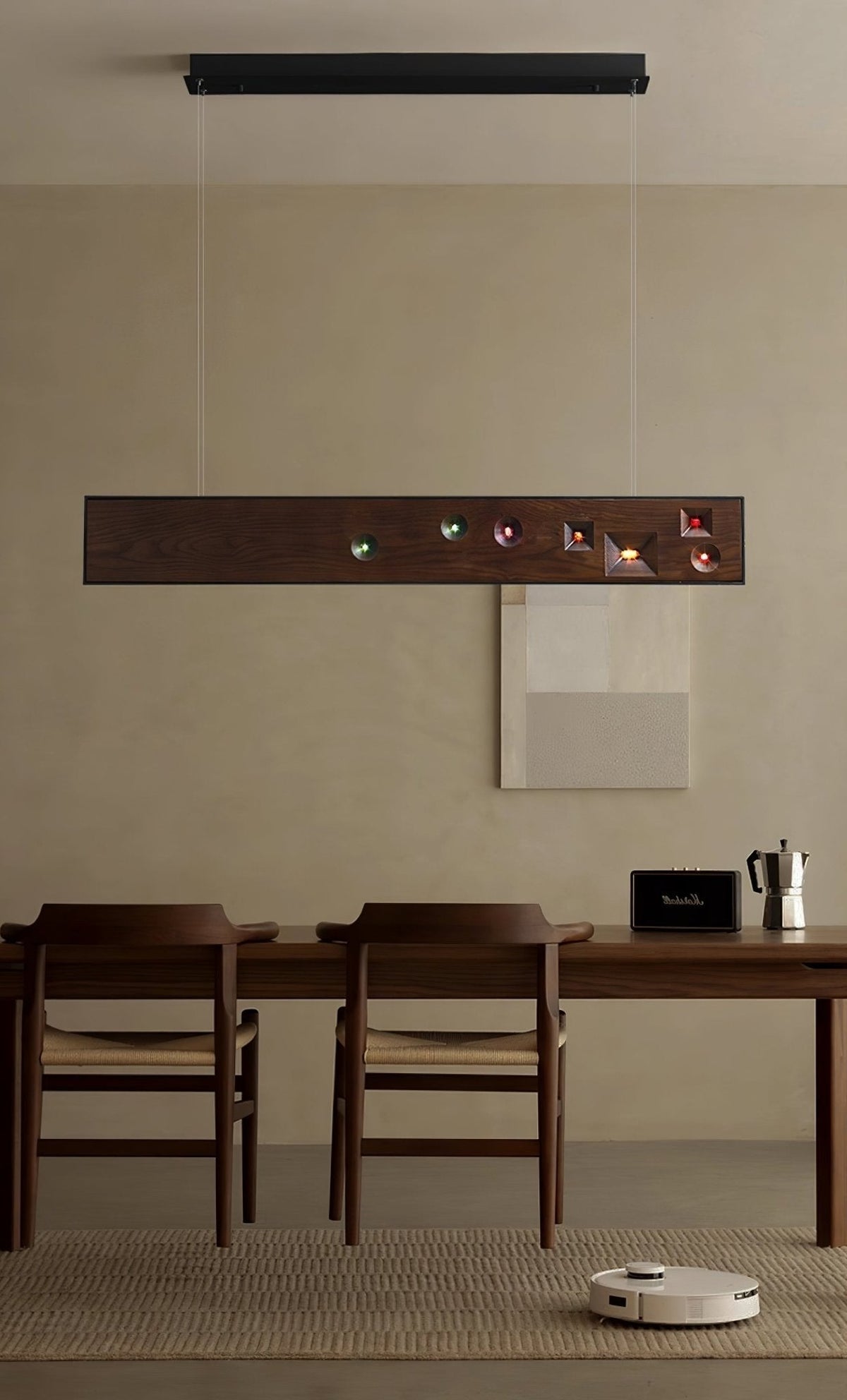 Candeeiro suspenso Elvorora em madeira e pedra preciosa com LED linear