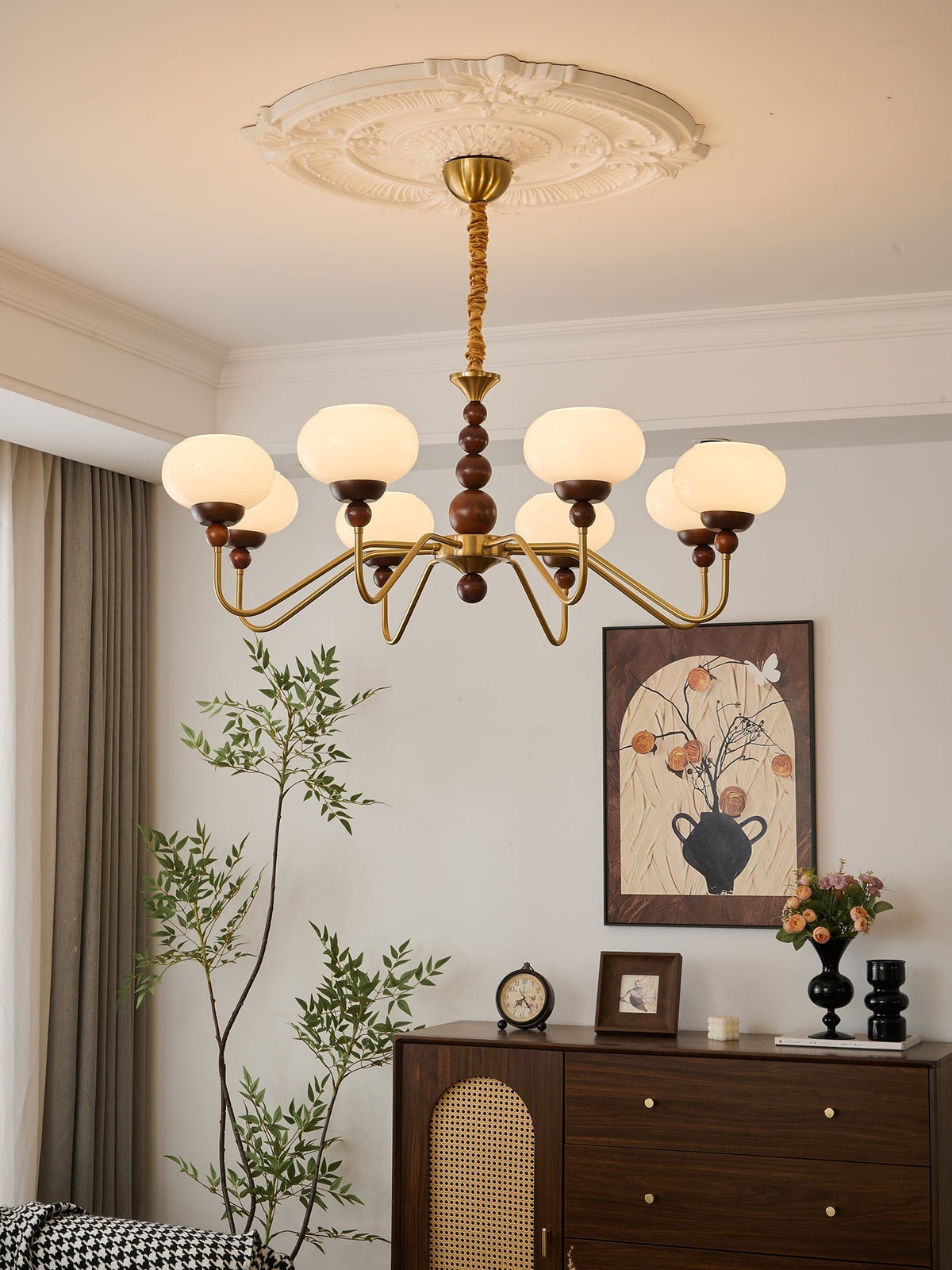 Sylaian moderne lysekrone i glas, træ og messing med 6 lamper