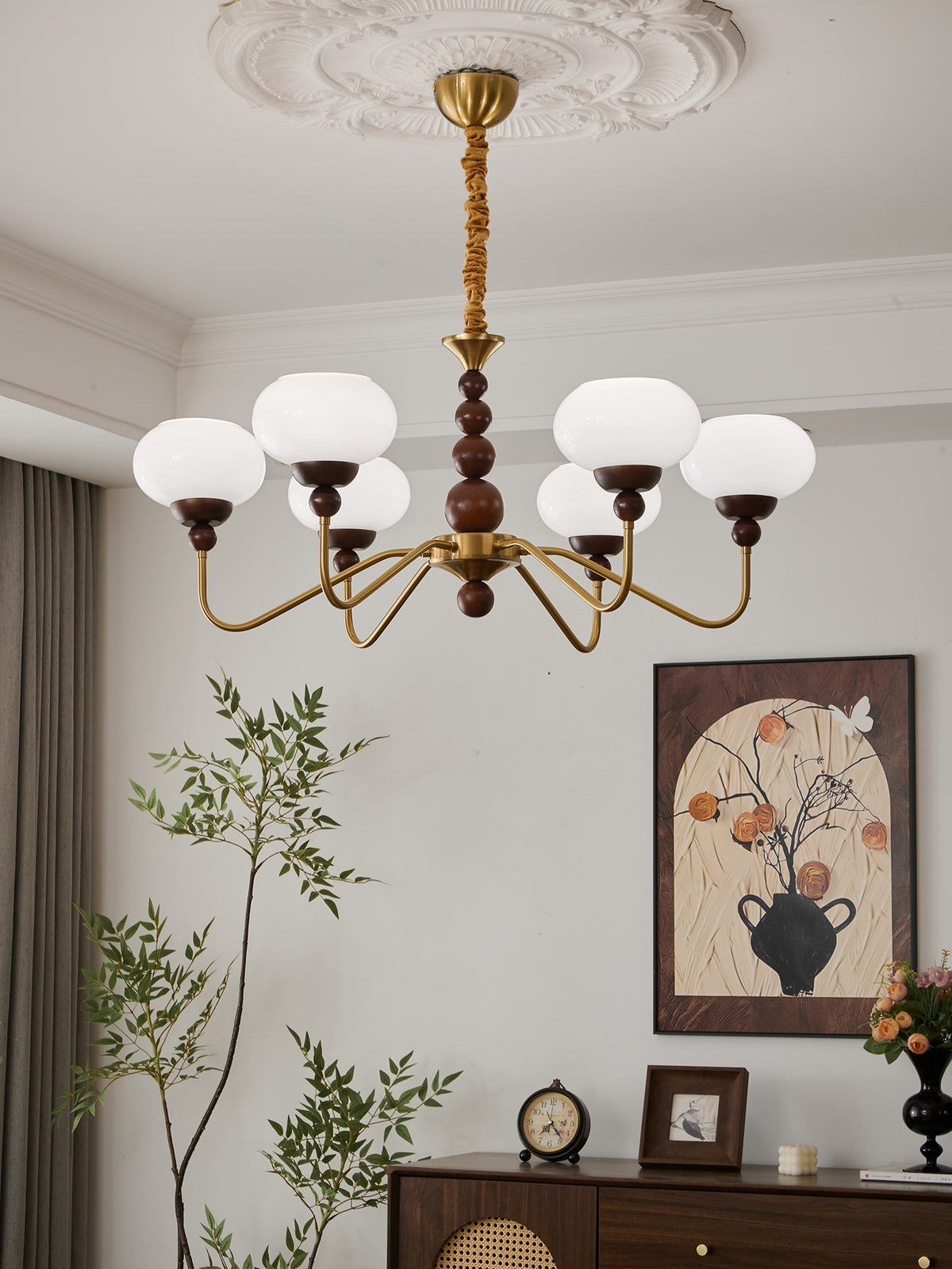 Sylaian moderne lysekrone i glas, træ og messing med 6 lamper