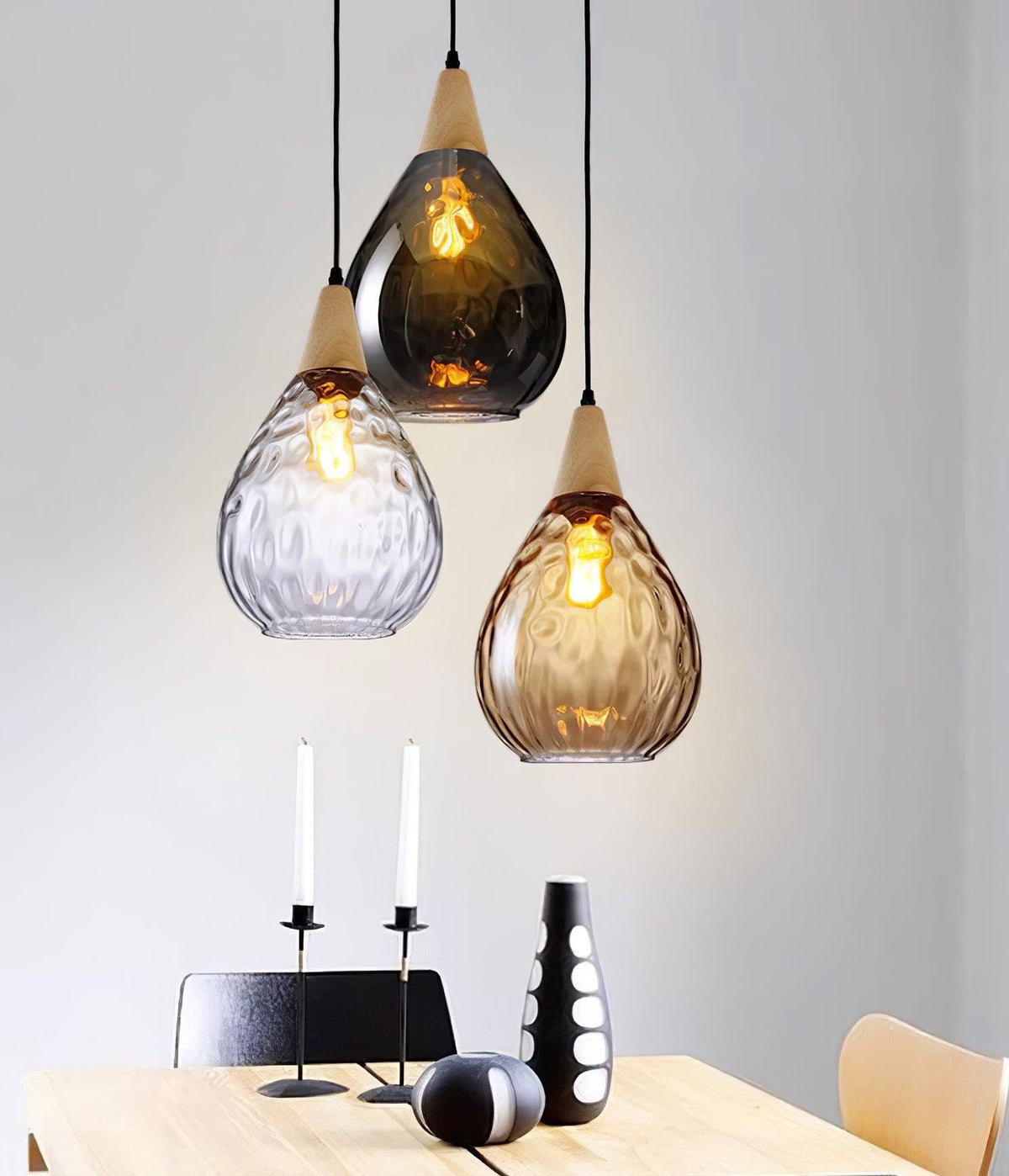 Rinisena pendellampe i klart glas og træ, nordisk og moderne