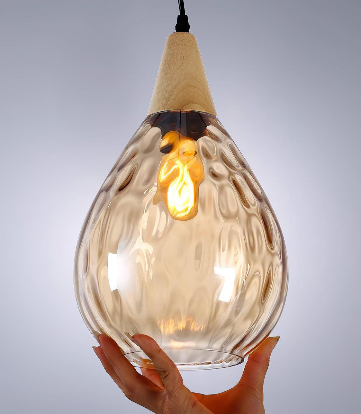 Rinisena pendellampe i klart glas og træ, nordisk og moderne