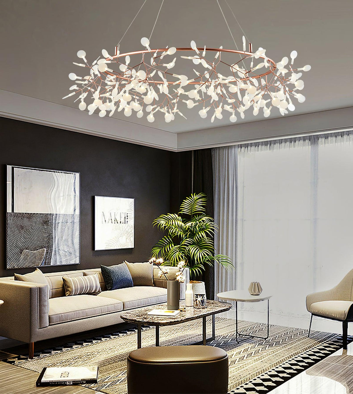 Lustre Dore com ramo de LED em forma de pirilampo