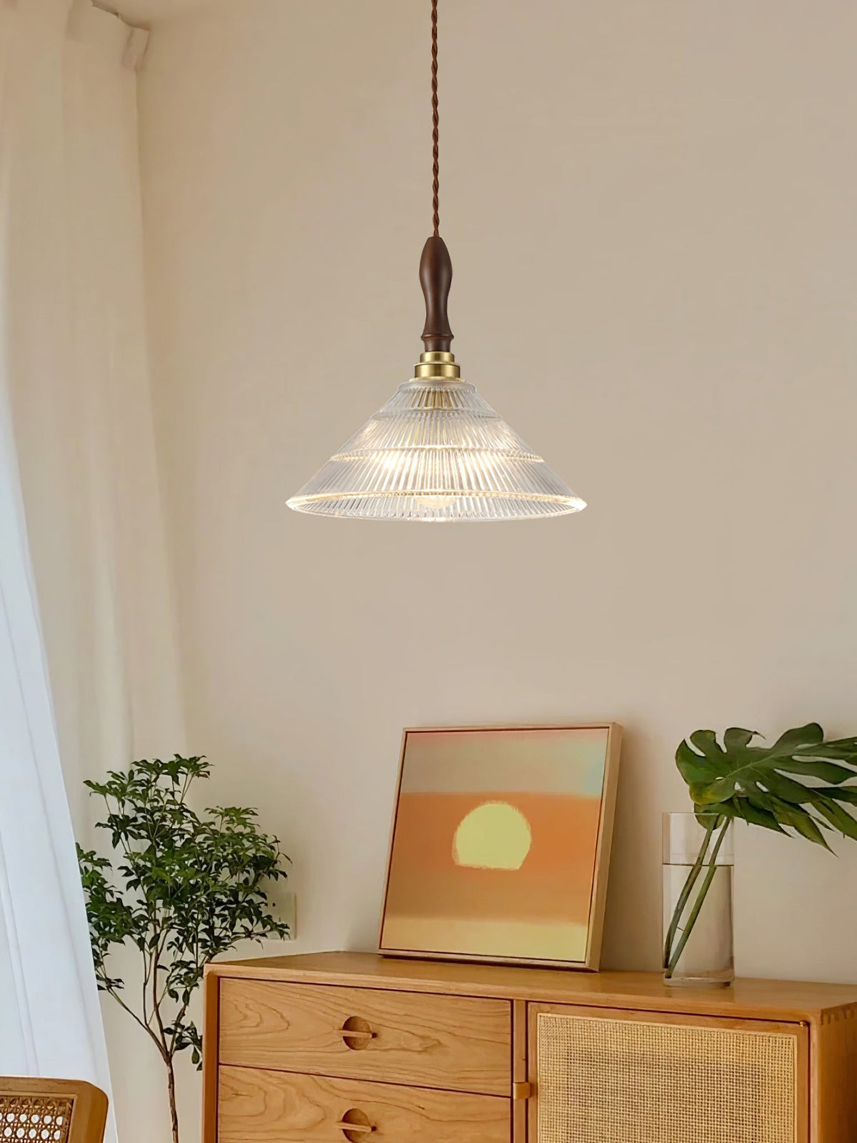 Arcara vintage-pendellampe i rillet glas og træ