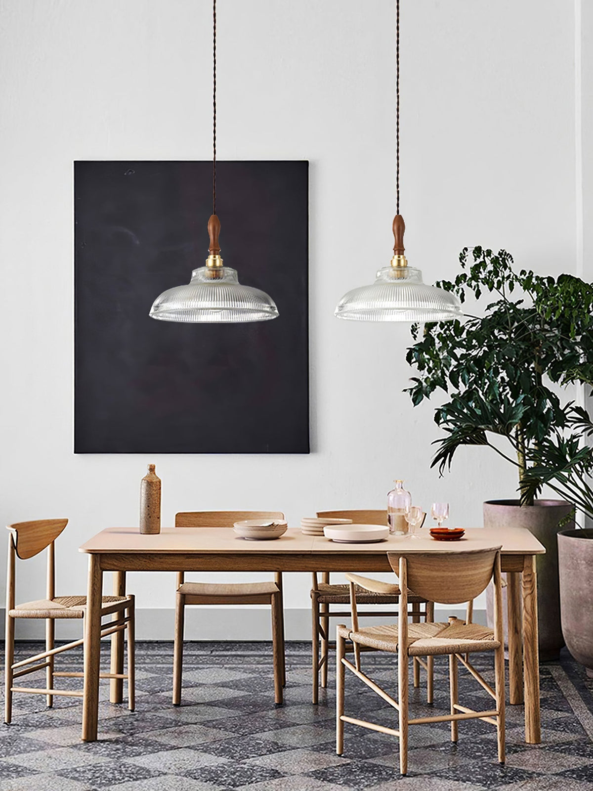 Arcara vintage-pendellampe i rillet glas og træ