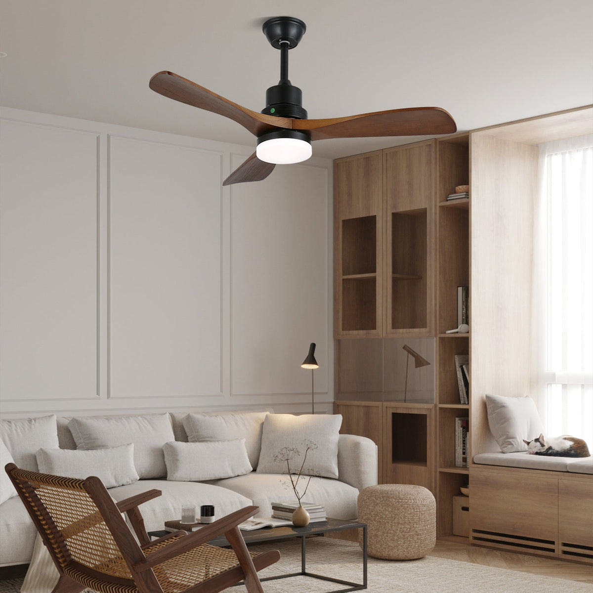 Rininena modern takfläkt med lampa och träblad