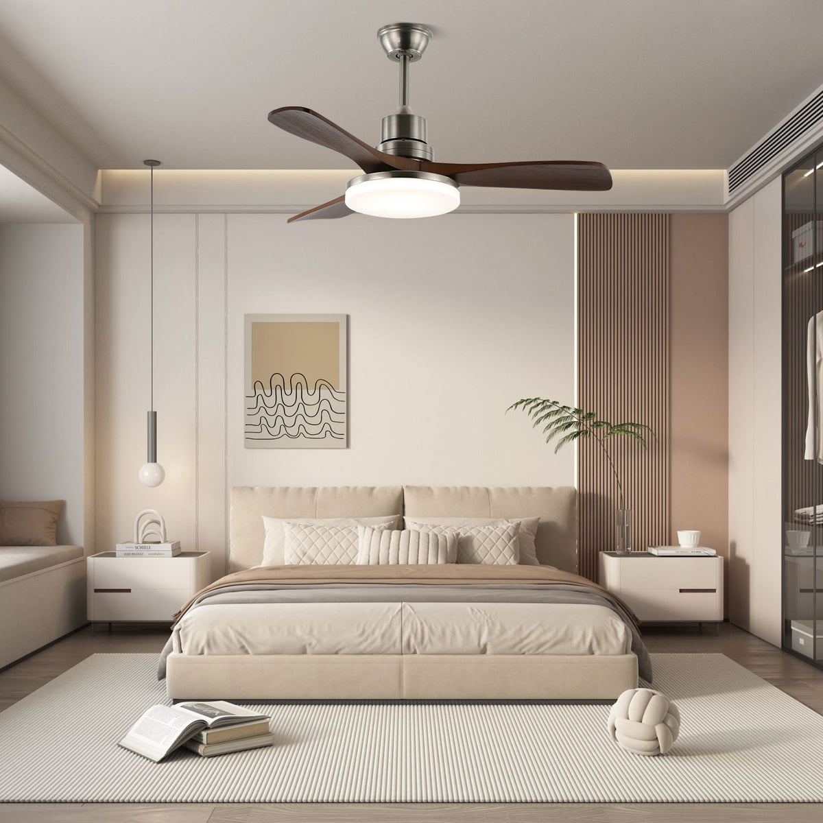 Rininena modern takfläkt med lampa och träblad
