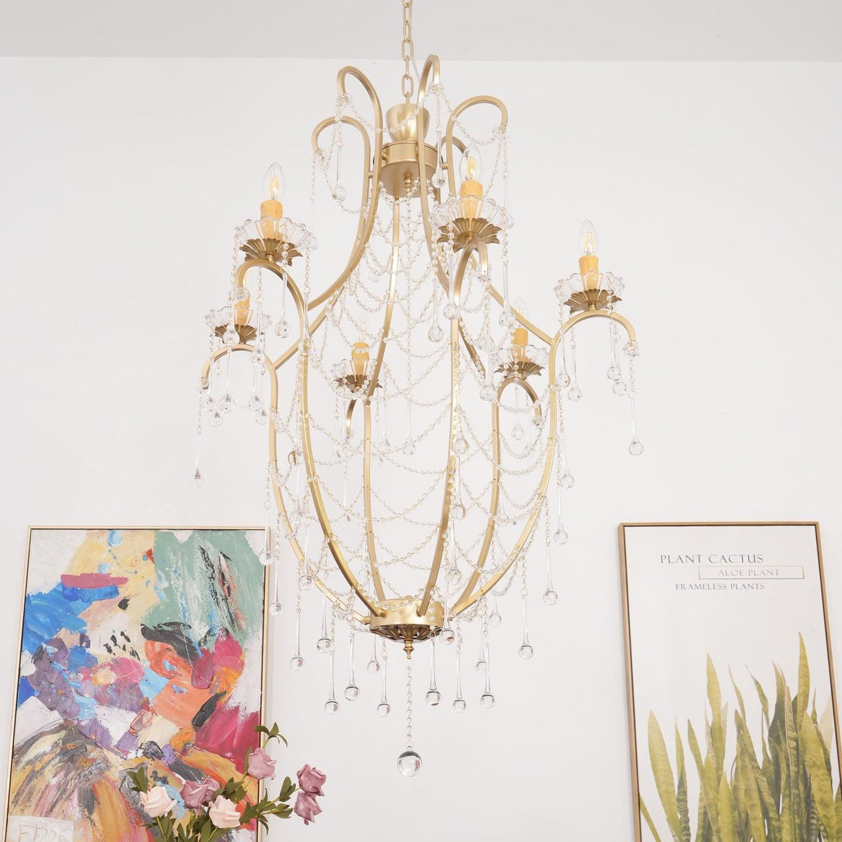 Candeeiro de lustre Eiriian em forma de gaiola com gotas de vidro